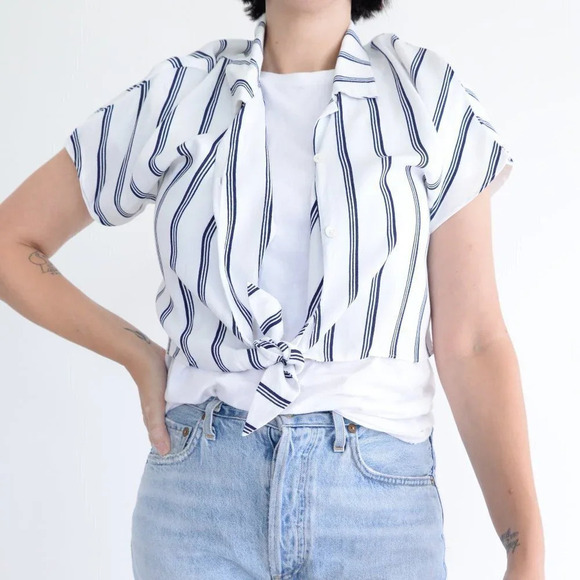 Aritzia Wilfred Free Navy & White Stripe Cropped Tie Blouse Sailor Shirt XXS - Picture 1 of 12